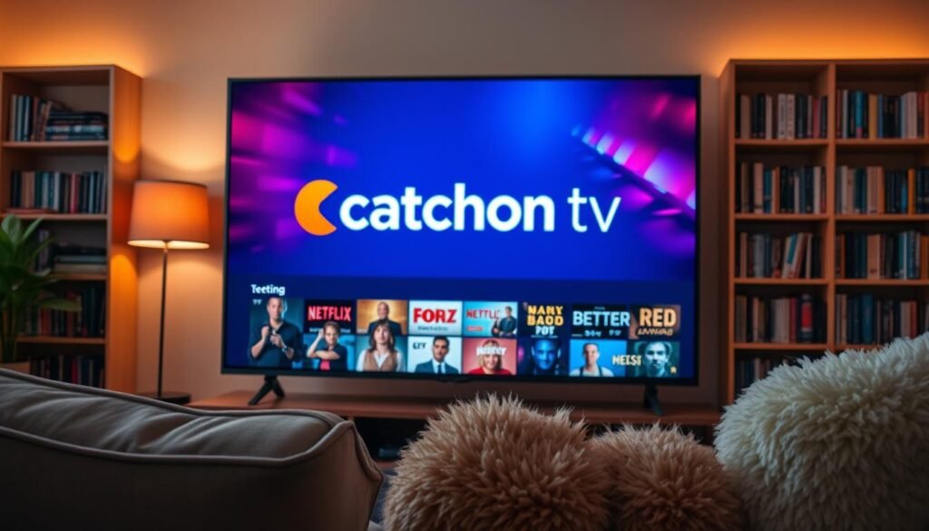 A cozy living room setting with a large flatscreen TV as the focal point. The TV screen displays the Catchon tv brand logo, surrounded by a vibrant array of colorful streaming service icons and thumbnail images of various TV shows and movies. The room is illuminated by a warm, inviting lighting, creating a sense of relaxation and anticipation. In the foreground, a plush armchair and a fluffy, inviting blanket suggest a comfortable viewing experience. The background features a bookshelf filled with media, hinting at a wide range of entertainment options. The overall atmosphere conveys the excitement and discovery of new series and trending shows.