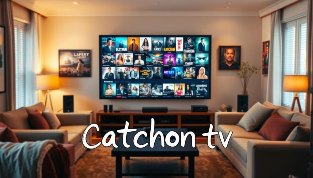 A cozy living room with a large flatscreen TV at the center, surrounded by comfortable seating and various media devices. On the screen, a collage of vibrant, high-definition images showcasing a diverse selection of popular television shows and movies. The room is bathed in warm, soft lighting, creating a welcoming and inviting atmosphere. In the foreground, a hand-drawn "Catchon tv" logo appears, subtly integrated into the scene. The overall composition evokes a sense of excitement and anticipation for the latest and greatest content available on television.