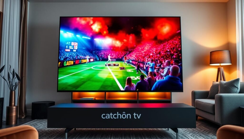 A large, modern high-definition television screen dominates the foreground, displaying a vibrant and dynamic live television broadcast. The middle ground features a sleek, minimalist media console with the "Catchon tv" logo prominently displayed. The background showcases a cozy, stylish living room setting with warm lighting and contemporary furniture, creating a comfortable and inviting atmosphere. The overall composition conveys a sense of cinematic immersion, highlighting the transformative power of live television viewing through Catchon tv's innovative platform.