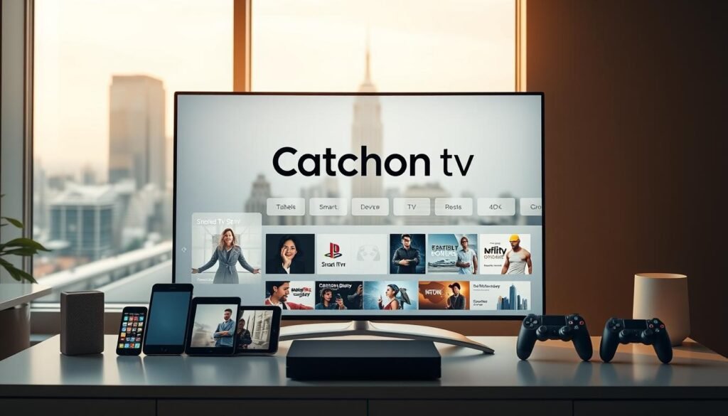 A modern and sleek streaming service interface, showcasing the "Catchon tv" brand prominently on a high-definition display. The foreground features various device icons, including smartphones, tablets, smart TVs, and gaming consoles, indicating the wide range of device compatibility. The middle ground presents a clean, minimalist layout with intuitive navigation menus and high-quality content thumbnails. The background subtly depicts a soft, blurred cityscape, conveying a sense of urban sophistication. The scene is illuminated by warm, natural lighting, creating a welcoming and visually appealing atmosphere. The overall composition highlights the technical capabilities and versatility of the "Catchon tv" streaming service.