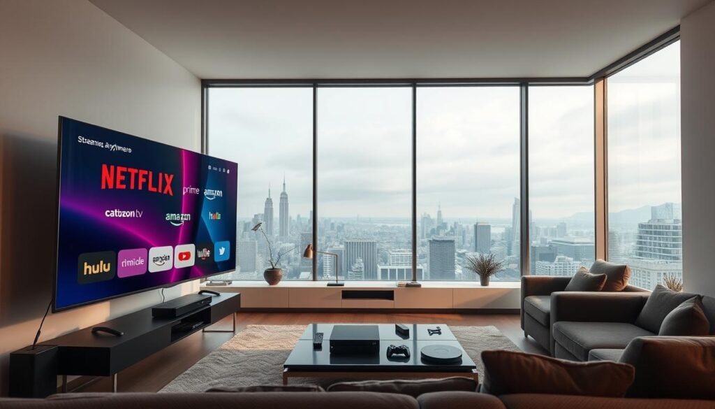 A modern, minimalist living room with a large flat-screen TV dominating the foreground. The TV screen displays the colorful logos of popular streaming services like Netflix, Hulu, Amazon Prime Video, and "Catchon tv". Soft, diffused lighting illuminates the room, creating a cozy and inviting atmosphere. In the middle ground, a sleek entertainment center houses various streaming devices, game consoles, and remote controls. The background features floor-to-ceiling windows overlooking a cityscape, blending indoor and outdoor elements. The scene conveys the idea of having easy access to a wide variety of entertainment options, anytime, anywhere.