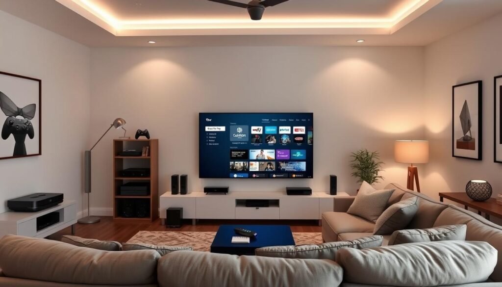 A modern, minimalist living room with a large flatscreen TV displaying the Catchon tv streaming interface on its screen. The TV is surrounded by various streaming devices such as a Roku, Apple TV, and gaming console. The room is well-lit, with soft, diffused lighting from overhead fixtures and floor lamps, creating a cozy and inviting atmosphere. The walls are decorated with simple, abstract art pieces, and a plush, oversized sectional sofa anchors the space, inviting viewers to settle in and explore the Catchon tv streaming options. A modern, minimalist living room with a large flatscreen TV displaying the Catchon tv streaming interface on its screen. The TV is surrounded by various streaming devices such as a Roku, Apple TV, and gaming console. The room is well-lit, with soft, diffused lighting from overhead fixtures and floor lamps, creating a cozy and inviting atmosphere. The walls are decorated with simple, abstract art pieces, and a plush, oversized sectional sofa anchors the space, inviting viewers to settle in and explore the Catchon tv streaming options.