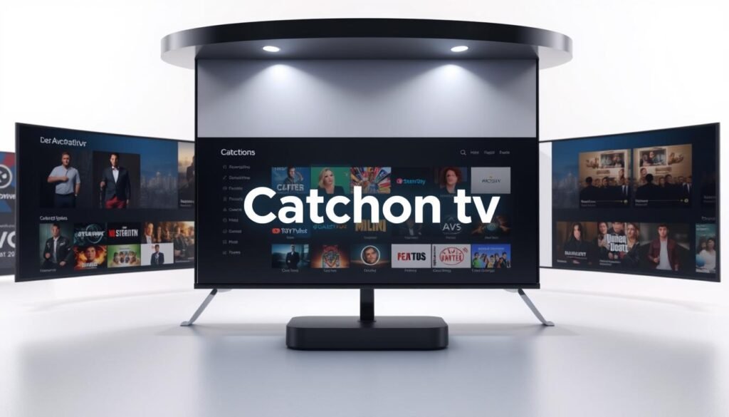 A modern, minimalist rendering of the "Catchon tv" streaming service interface, showcasing its various streaming options. In the foreground, the Catchon tv logo hovers amidst a clean, sleek display of popular streaming platforms and content categories. The middle ground features a grid of thumbnail previews, inviting the viewer to explore Catchon tv's diverse selection. The background is a soft, gradient-based environment, evoking a sense of digital elegance. Lighting is crisp and directional, emphasizing the interface's intuitive layout and visual hierarchy. The overall composition conveys the technical proficiency and user-friendly nature of the Catchon tv streaming experience. A modern, minimalist rendering of the "Catchon tv" streaming service interface, showcasing its various streaming options. In the foreground, the Catchon tv logo hovers amidst a clean, sleek display of popular streaming platforms and content categories. The middle ground features a grid of thumbnail previews, inviting the viewer to explore Catchon tv's diverse selection. The background is a soft, gradient-based environment, evoking a sense of digital elegance. Lighting is crisp and directional, emphasizing the interface's intuitive layout and visual hierarchy. The overall composition conveys the technical proficiency and user-friendly nature of the Catchon tv streaming experience.