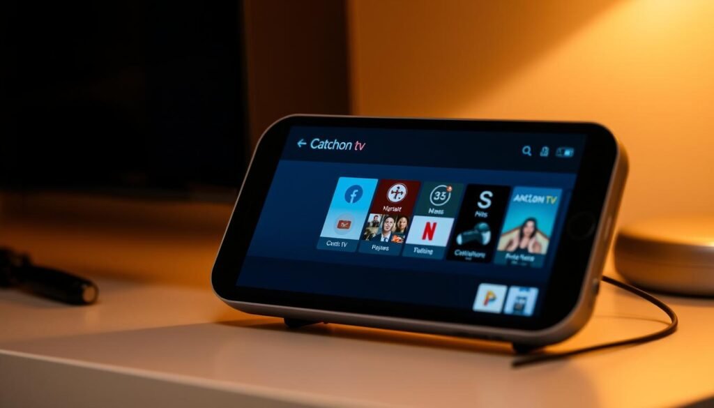 A modern, sleek digital device displaying the "Catchon tv" app interface, showcasing its smart TV compatibility and cross-platform accessibility. The screen depicts a clean, intuitive layout with minimal icons and a focus on content discovery. Soft, warm lighting illuminates the device, creating a cozy, inviting atmosphere. The image is captured at a slight angle, emphasizing the device's versatility and ease of use. The overall presentation conveys the app's seamless integration across various smart home devices, enabling effortless live TV streaming for the discerning user. A modern, sleek digital device displaying the "Catchon tv" app interface, showcasing its smart TV compatibility and cross-platform accessibility. The screen depicts a clean, intuitive layout with minimal icons and a focus on content discovery. Soft, warm lighting illuminates the device, creating a cozy, inviting atmosphere. The image is captured at a slight angle, emphasizing the device's versatility and ease of use. The overall presentation conveys the app's seamless integration across various smart home devices, enabling effortless live TV streaming for the discerning user.