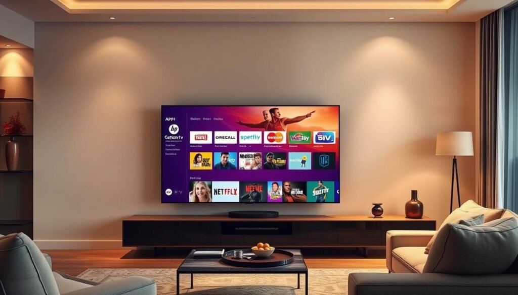A modern, sleek living room with a large flatscreen TV prominently displayed. On the TV screen, the "Catchon tv" app interface is showcased, its intuitive menu and vibrant graphics inviting the viewer to explore its offerings. Soft, warm lighting illuminates the scene, creating a cozy and welcoming atmosphere. The room is tastefully decorated, with minimalist furniture and accents that complement the technology. The overall impression is one of simplicity, ease of use, and the seamless integration of digital entertainment into the home environment. A modern, sleek living room with a large flatscreen TV prominently displayed. On the TV screen, the "Catchon tv" app interface is showcased, its intuitive menu and vibrant graphics inviting the viewer to explore its offerings. Soft, warm lighting illuminates the scene, creating a cozy and welcoming atmosphere. The room is tastefully decorated, with minimalist furniture and accents that complement the technology. The overall impression is one of simplicity, ease of use, and the seamless integration of digital entertainment into the home environment.