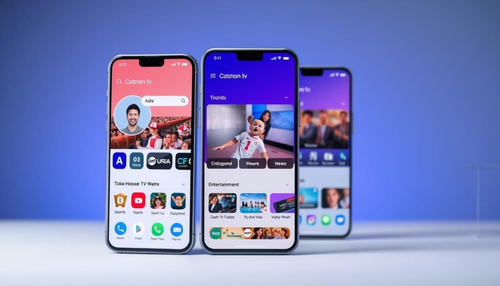 A sleek and modern mobile app interface for the "Catchon tv" live TV streaming service, with a customized home screen and personalized content recommendations. In the foreground, a user's profile picture and initials are prominently displayed, along with customizable app icons and a clean grid layout of live TV channels and on-demand content. The middle ground features smooth transitions between different sections of the app, including sports, news, and entertainment categories. In the background, a subtle gradient pattern or abstract design element creates a sense of depth and visual interest, complementing the app's contemporary aesthetic. The lighting is soft and evenly distributed, capturing the app's user-friendly and intuitive user experience. A sleek and modern mobile app interface for the "Catchon tv" live TV streaming service, with a customized home screen and personalized content recommendations. In the foreground, a user's profile picture and initials are prominently displayed, along with customizable app icons and a clean grid layout of live TV channels and on-demand content. The middle ground features smooth transitions between different sections of the app, including sports, news, and entertainment categories. In the background, a subtle gradient pattern or abstract design element creates a sense of depth and visual interest, complementing the app's contemporary aesthetic. The lighting is soft and evenly distributed, capturing the app's user-friendly and intuitive user experience.