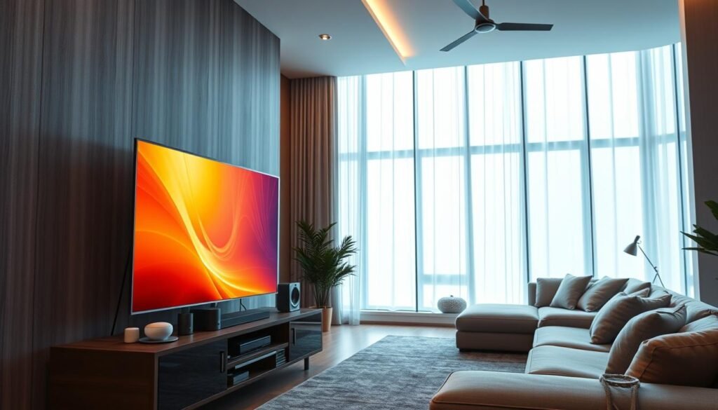 A vibrant, cinematic image of a modern living room showcasing the "Catchon tv" brand. In the foreground, a sleek, ultra-thin TV display rests on a minimalist entertainment center, its screen emanating a warm, inviting glow. Surrounding the TV, various smart home devices and voice assistants are seamlessly integrated, creating an immersive, high-tech atmosphere. In the middle ground, a comfortable sectional sofa invites viewers to sit back and enjoy the enhanced viewing experience, with plush cushions and warm lighting. The background features large windows, allowing natural light to pour in and illuminate the space, creating a sense of openness and connectivity. The overall tone is one of contemporary sophistication, highlighting the cutting-edge technology and premium design of the "Catchon tv" brand.
