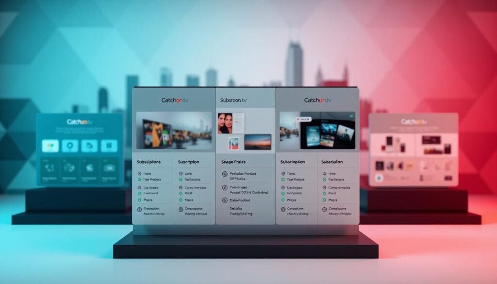 Catchon tv subscription plans: a meticulously designed 3D display showcasing the various membership tiers, each with distinct icons and color schemes. The foreground features sleek, minimalist UI elements presenting the plan details in a clear, organized manner. The middle ground showcases product images and infographics highlighting the key features of each subscription. In the background, a softly blurred cityscape or abstract geometric patterns create a visually stunning and cohesive composition, conveying a sense of professionalism and digital sophistication. Lighting is clean, directional, and enhances the depth and texture of the scene. The overall mood is one of clarity, trustworthiness, and customer-centric design. Catchon tv subscription plans: a meticulously designed 3D display showcasing the various membership tiers, each with distinct icons and color schemes. The foreground features sleek, minimalist UI elements presenting the plan details in a clear, organized manner. The middle ground showcases product images and infographics highlighting the key features of each subscription. In the background, a softly blurred cityscape or abstract geometric patterns create a visually stunning and cohesive composition, conveying a sense of professionalism and digital sophistication. Lighting is clean, directional, and enhances the depth and texture of the scene. The overall mood is one of clarity, trustworthiness, and customer-centric design.