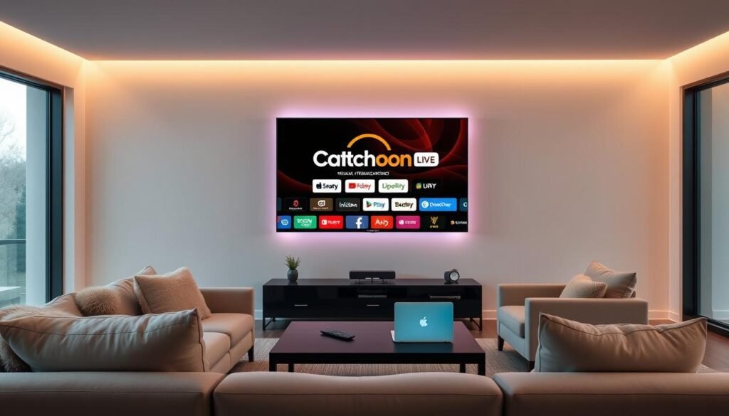 Prompt A sleek, modern living room with a large flat-screen television mounted on the wall. The television is displaying a Catchon TV logo and various live streaming channels. In the foreground, a comfortable sofa and armchair set are positioned, inviting viewers to relax and enjoy the seamless live TV experience. The lighting is warm and cozy, creating a welcoming atmosphere. The middle ground features a coffee table with a remote control and a laptop, suggesting the ease of controlling the live TV streaming. The background showcases a minimalist, contemporary decor with large windows allowing natural light to fill the space.