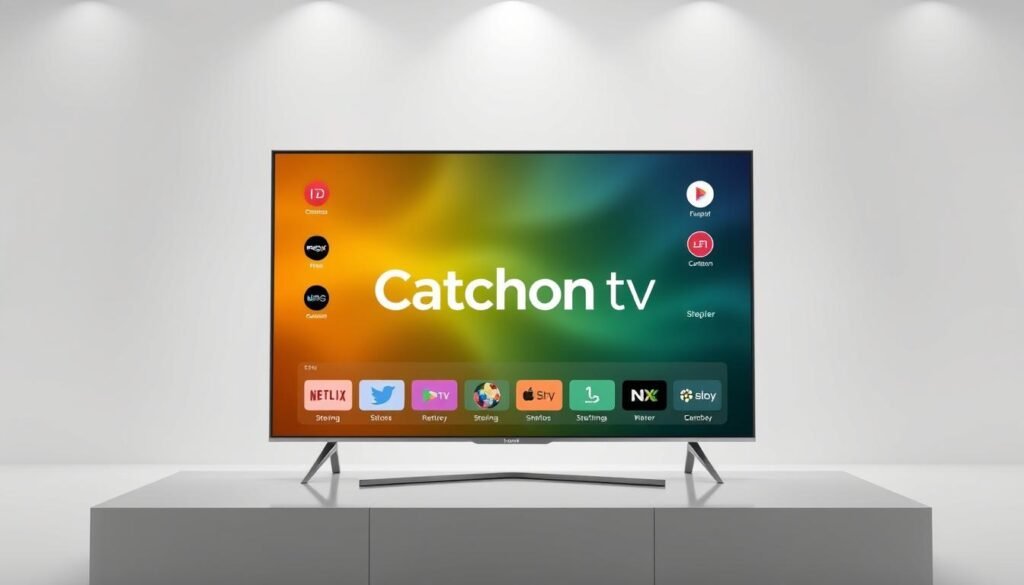 high-quality, detailed 3D render of a modern, sleek smart TV with a large screen displaying the "Catchon tv" logo, surrounded by various streaming icons and app logos, set against a minimalist, white background with subtle reflections and soft lighting, conveying a premium, high-tech, and user-friendly atmosphere for an online TV streaming service